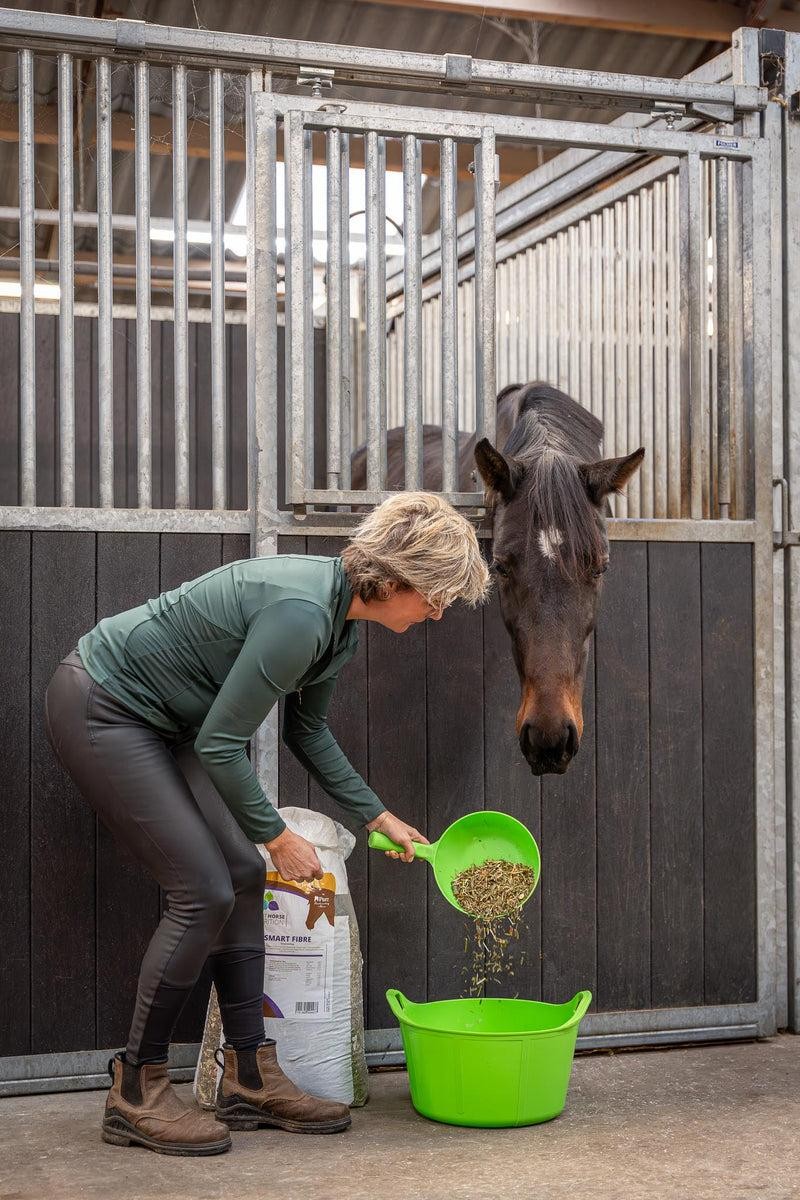 Horse owner measuring quality horse feed in Visalia while feeding a horse in a stable.