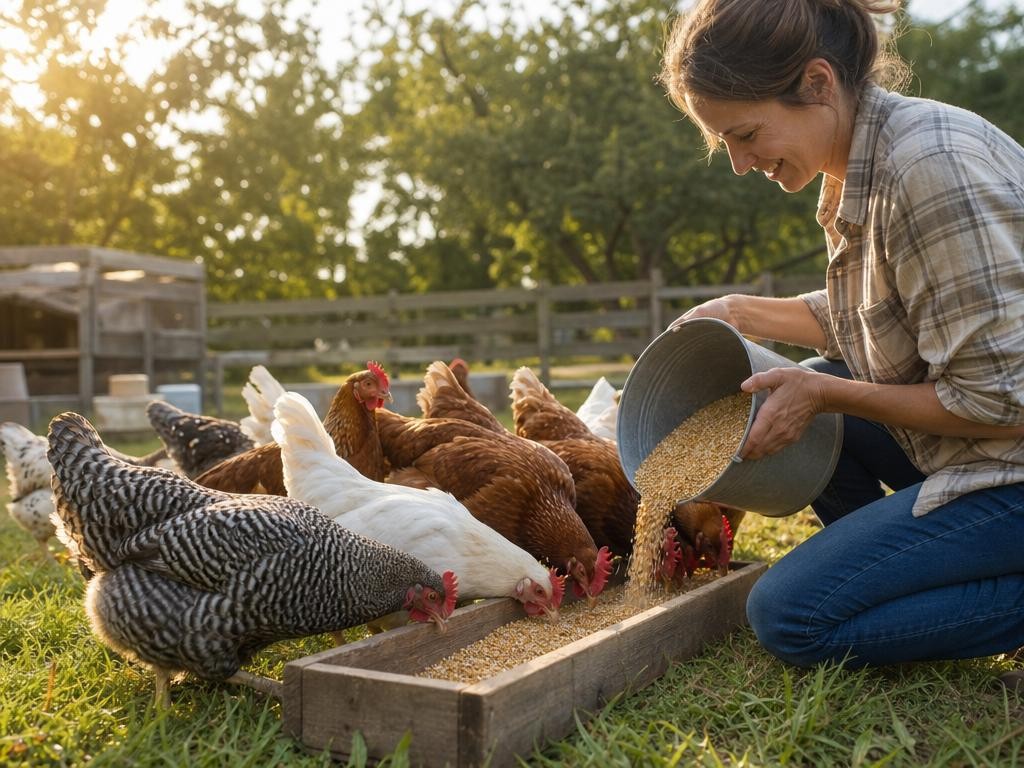 Backyard chickens being fed quality poultry feed in Visalia by a flock owner.