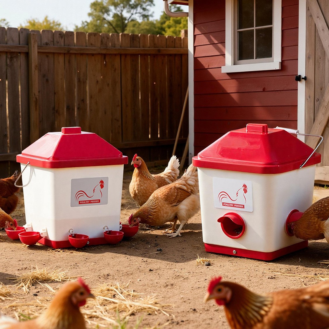 Essential poultry supplies in Visalia, including chicken feeders, waterers, and nesting equipment.