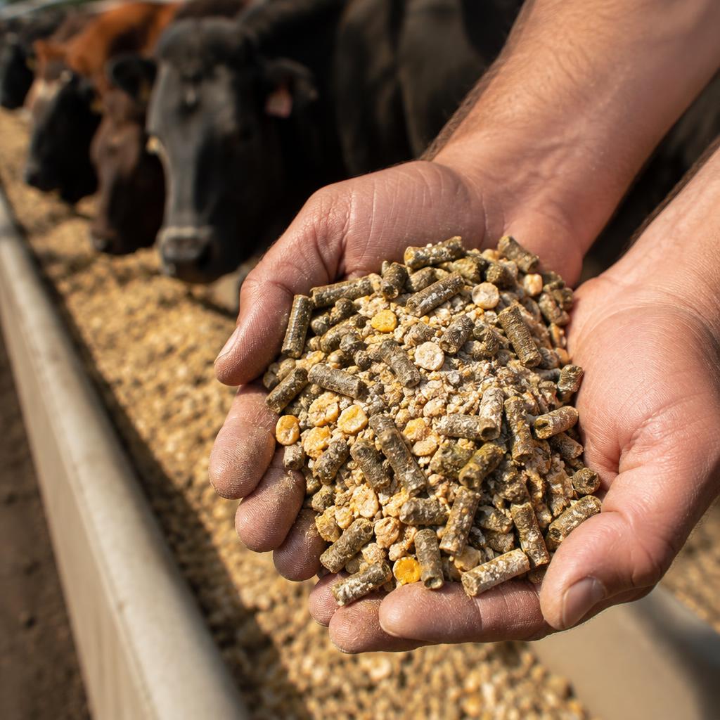Rancher holding a handful of cattle feed pellets over a feed bunk