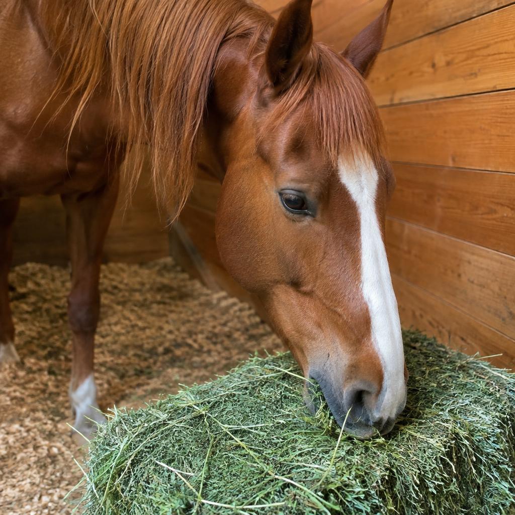 Horse eating fresh green alfalfa hay in a wooden stall