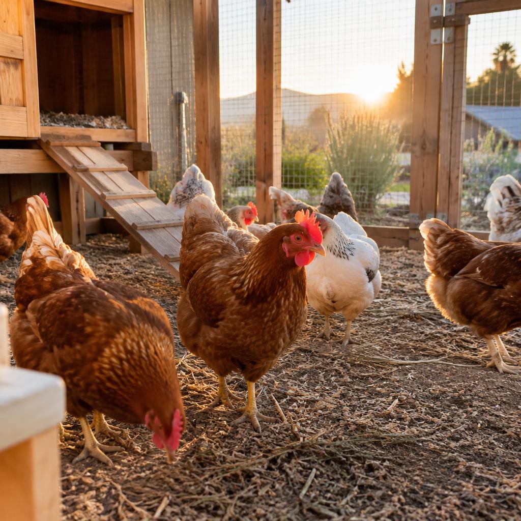 Laying hens and young pullets foraging in a backyard chicken coop